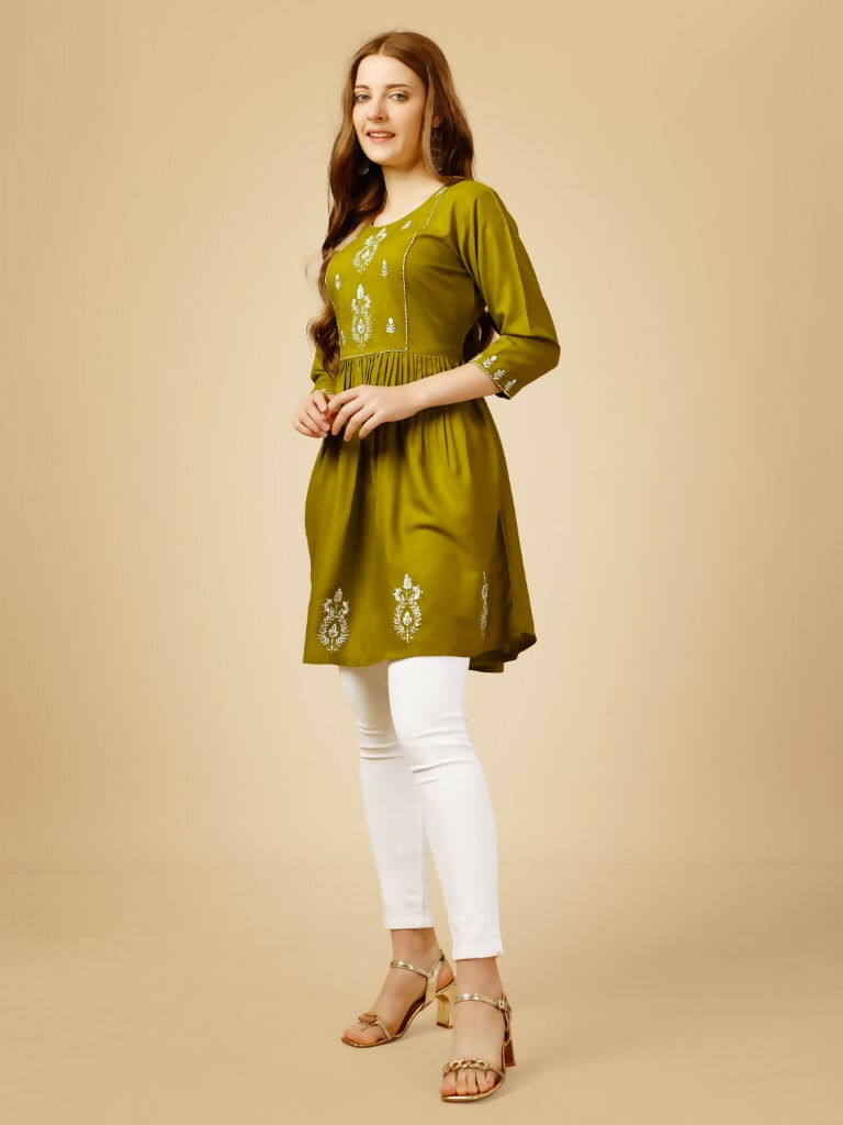 Jyoti Fashion Women's Mehendi Viscose Rayon Embroidered Casual Top | Swadesiicart