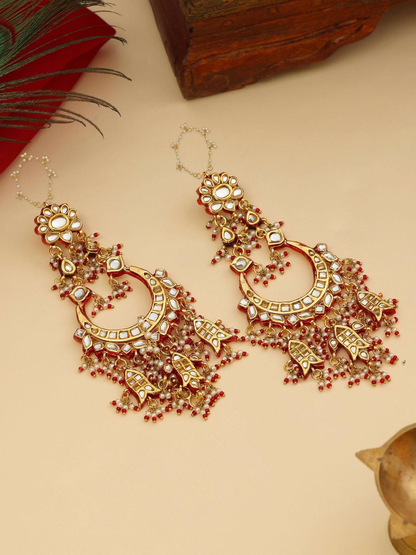 Ruby Raang 22k Gold Polished Kundan Chand Earrings With Ear Chains | Swadesiicart