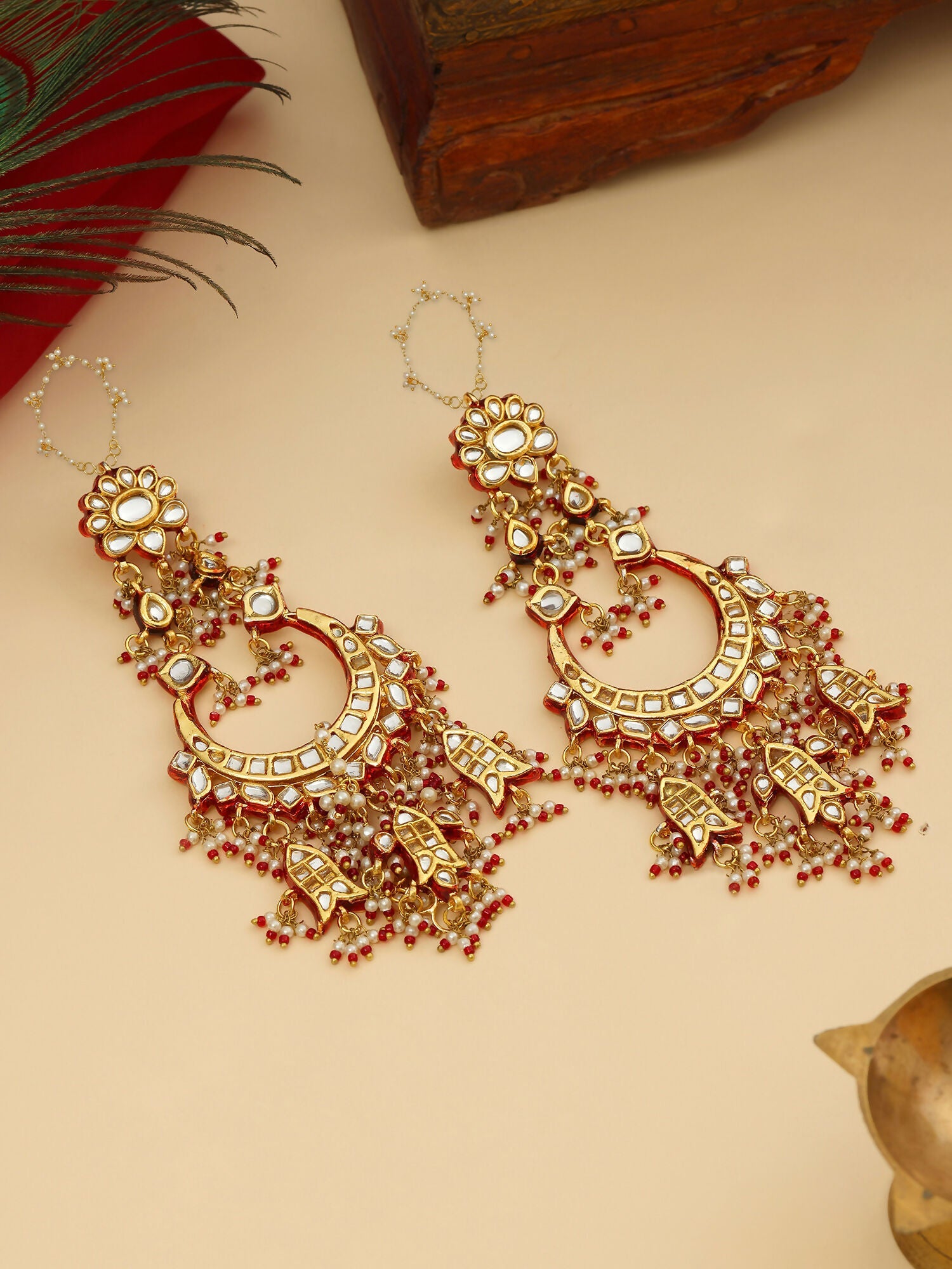 Ruby Raang 22k Gold Polished Kundan Chand Earrings With Ear Chains | Swadesiicart