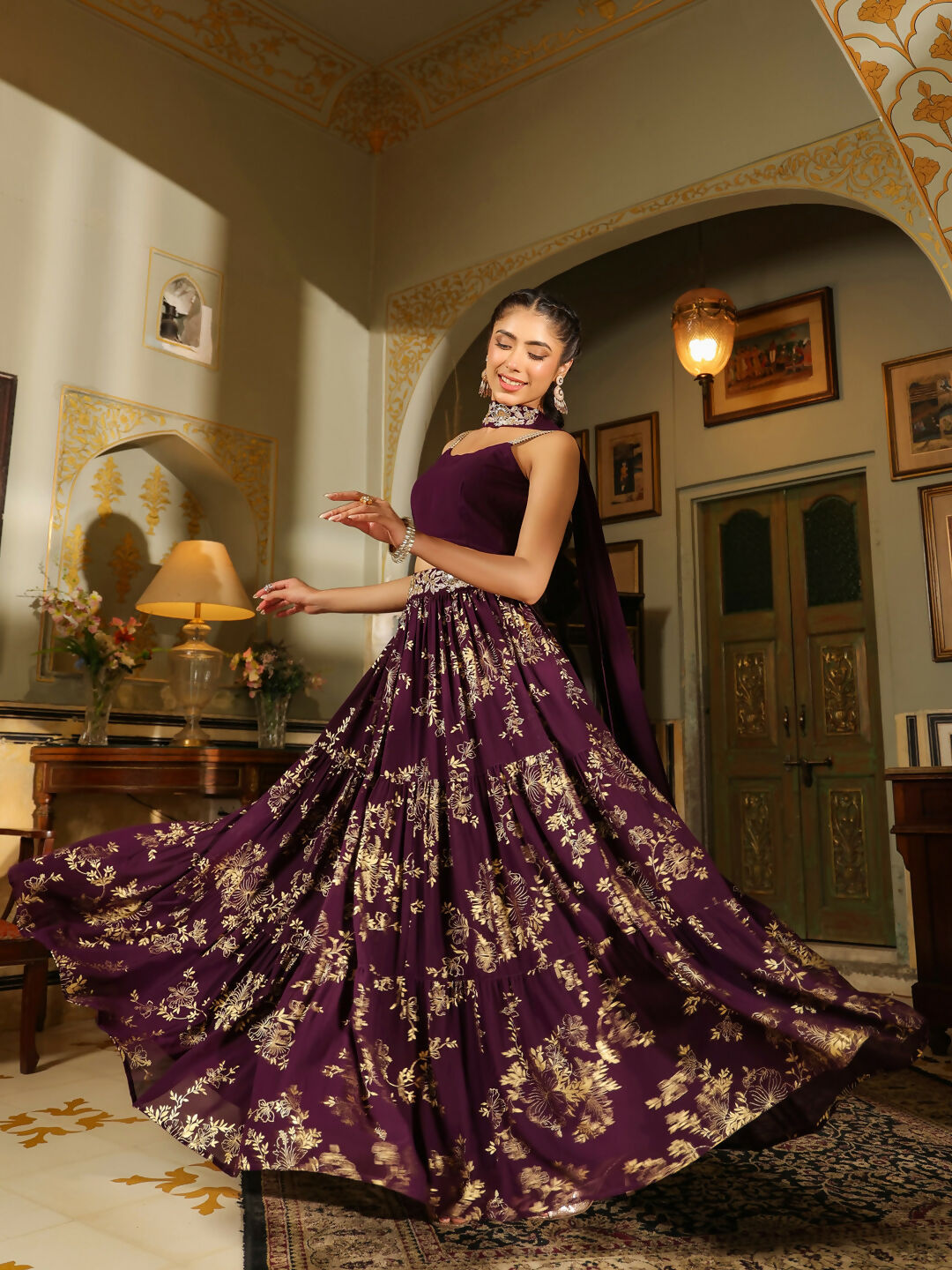 Janasya Purple Georgette Solid Lehenga Choli Dupatta | Swadesiicart