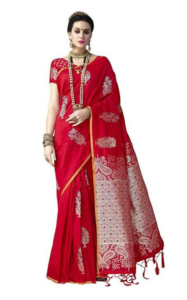 Varkala Silk Sarees Women's Red Banarasi Silk Saree With Unstitched Blouse Piece | Swadesiicart