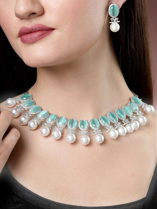 NVR Women's Silver-Plated Green American Diamond Studded Handcrafted Jewellery Set - NR Retail-NVR