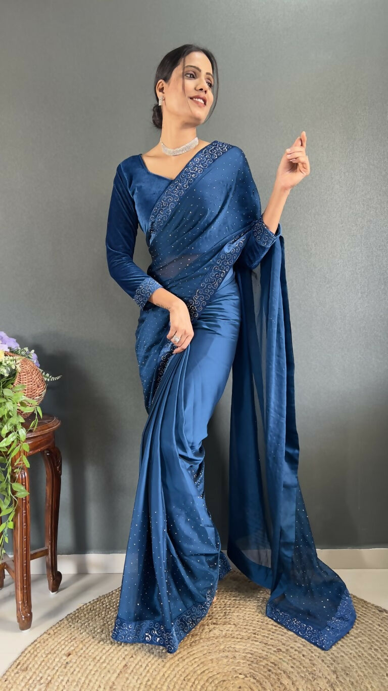Vastranavya Teal Rangoli Silk Swarovski work Ready to Wear Saree | Swadesiicart