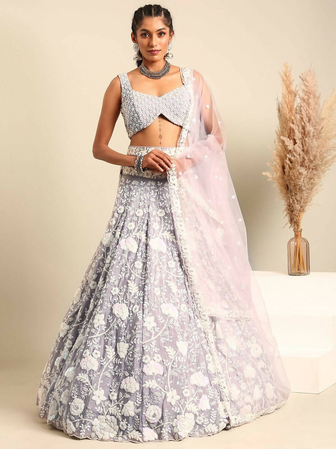 House of Panchhi Mauve Chinon Sequins and Zarkan embroidery Lehenga choli & Dupatta | Swadesiicart