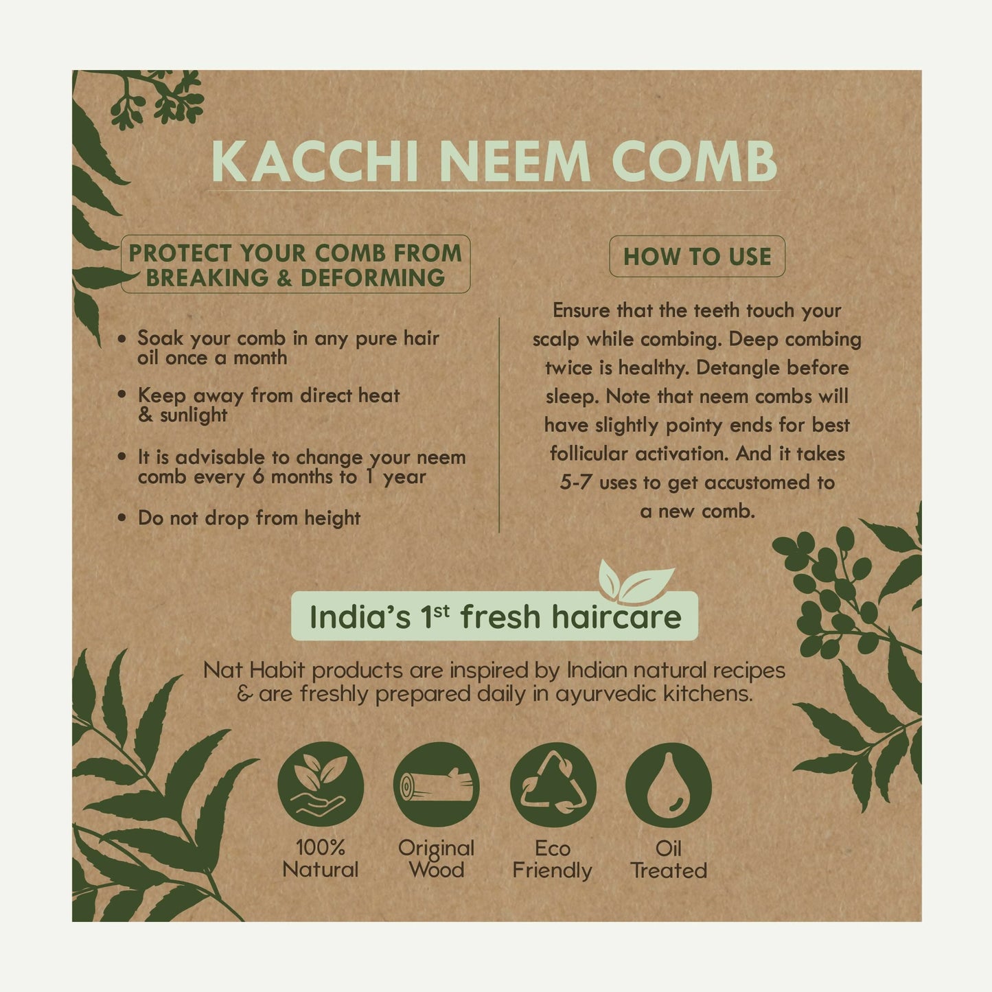 Nat Habit Kacchi Neem Wooden Comb - Soaked In 13 Herbs, Neem & Sesame Oil For Multi-Actions - Swadesiicart