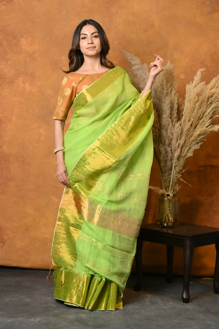 Very Much Indian Handloom Pure Cotton Linen Saree With Golden Border - Light Green | Swadesiicart