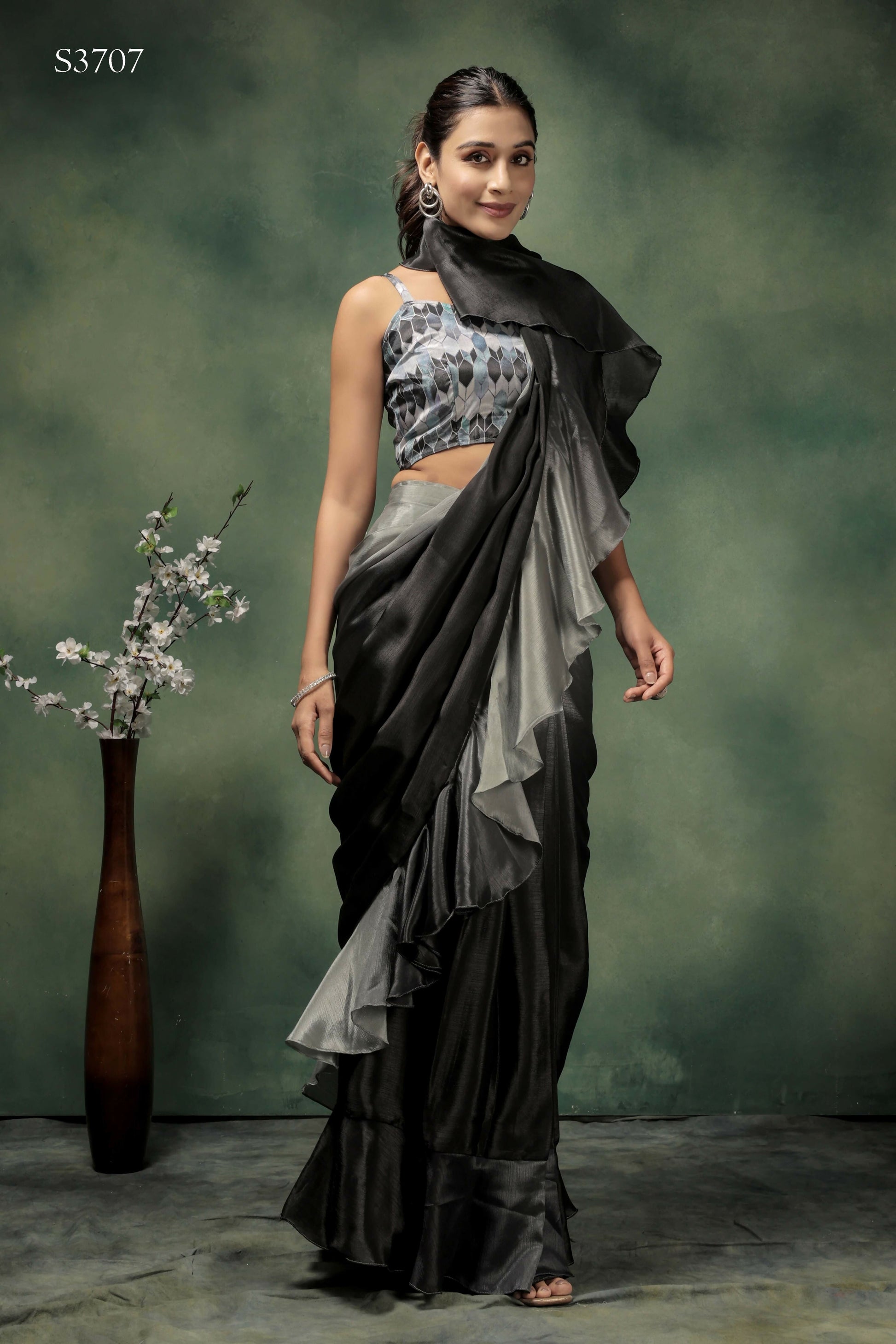 Grey Satin Solid Designer, Printed Party Wear Ready To Wear Saree - Nasreen | Swadesiicart
