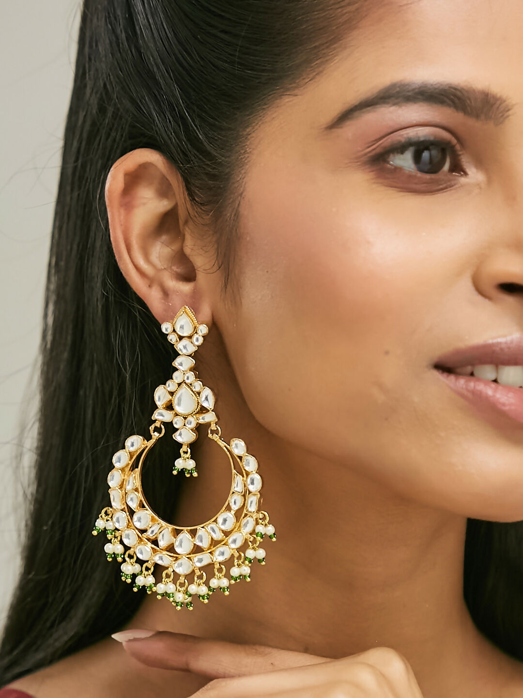 Nuyug 22K Gold-Plated Elegant Kundan Studded & Beaded Floral Chandbali Earrings | Swadesiicart