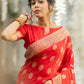 Vishnu Weaves Women's Red Banarasi Silk Floral Zari Woven Saree with Unstitched Blouse - Swadesiicart