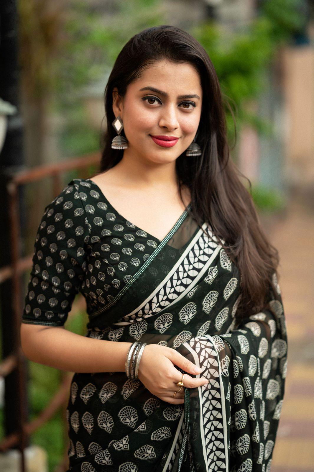 Black Poly Georgette Ajrak Saree with Unstitched Blouse - Hiral Fashion | Swadesiicart