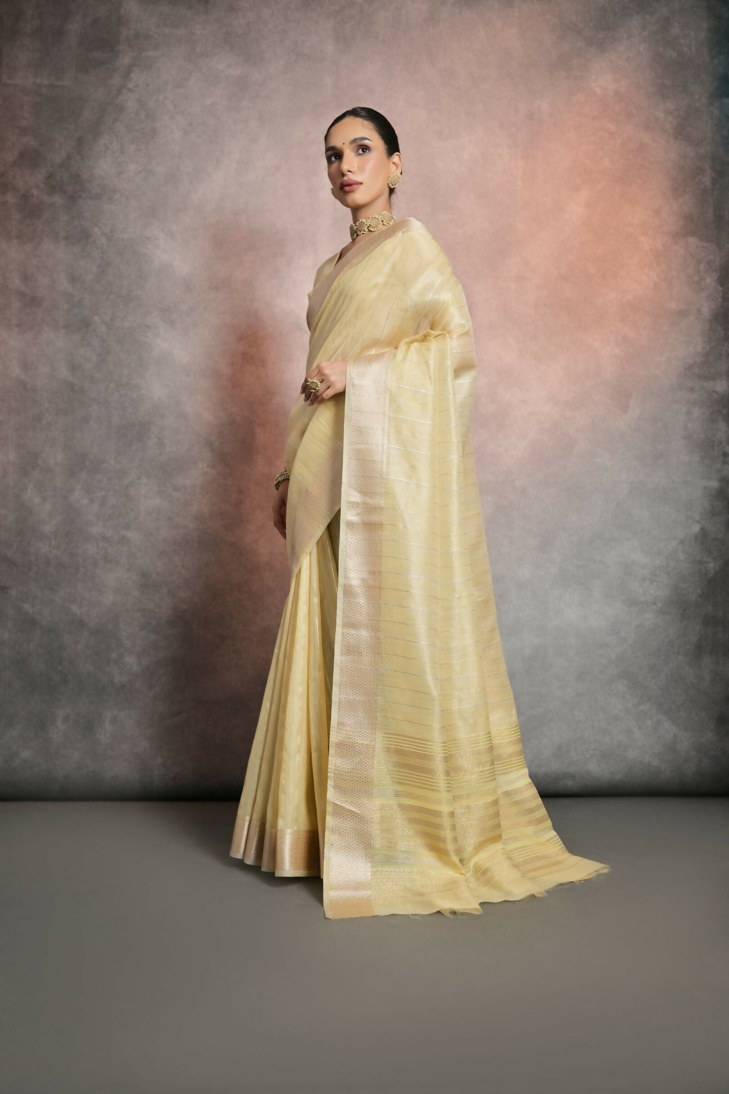 Vishnu Weaves Women's Yellow Tissue Linen Zari Woven Saree with Blouse - Swadesiicart