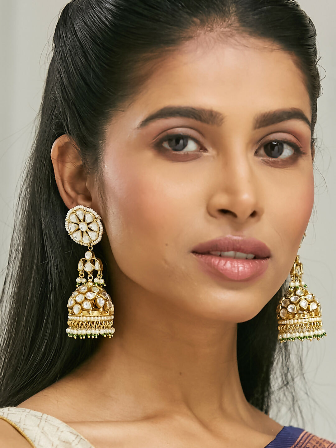 Nuyug 22K Gold-Plated Kundan Stone Studded & Pearl Beaded Dome Shaped Jhumkas | Swadesiicart