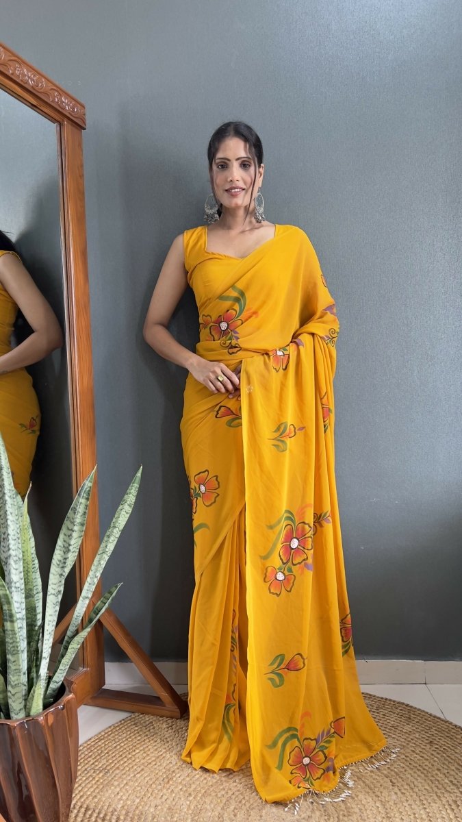 Aayaa Designer 1 min Hand Painted Ready to Wear saree - Mustard Yellow | Swadesiicart