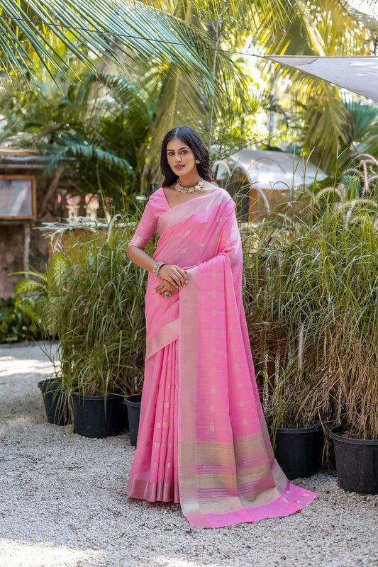Vishnu Weaves Women's Pink Pure Cotton Zari Woven Saree with Blouse - Swadesiicart