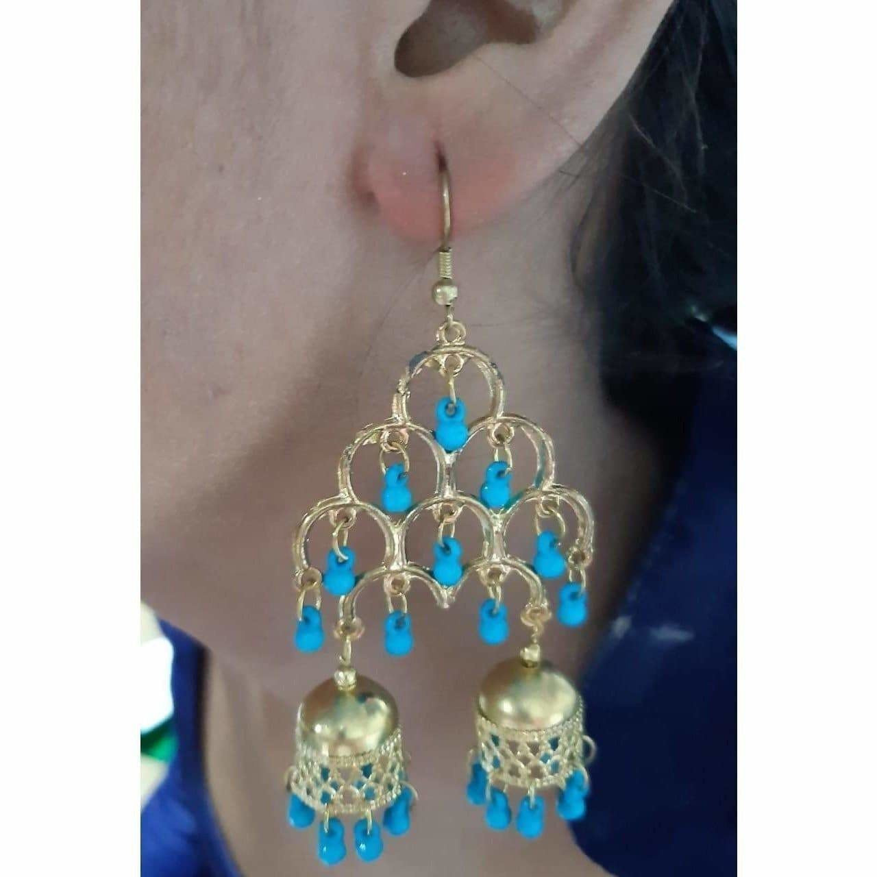 MS Fashion India Gold-Polished Fashion Traditional Double Jhumka Long Blue Pearls Earrings | Swadesiicart