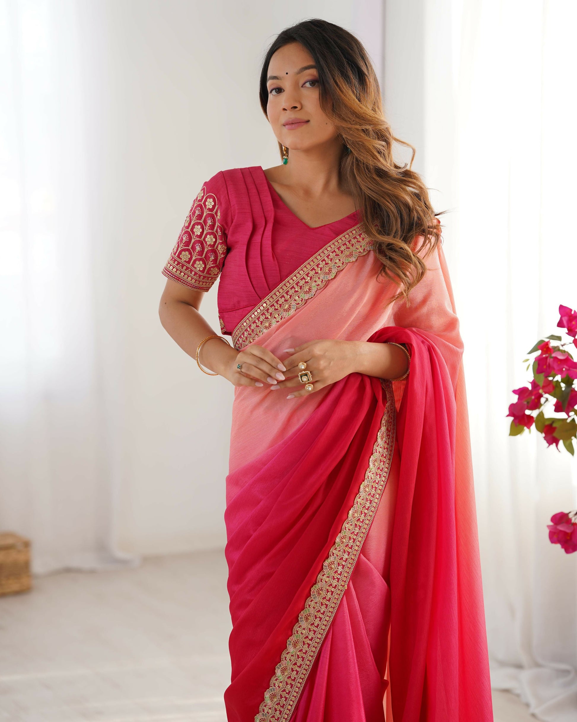 Exclusive Collection Red Pink Party Wear Chinon Salk Saree - Swadesiicart