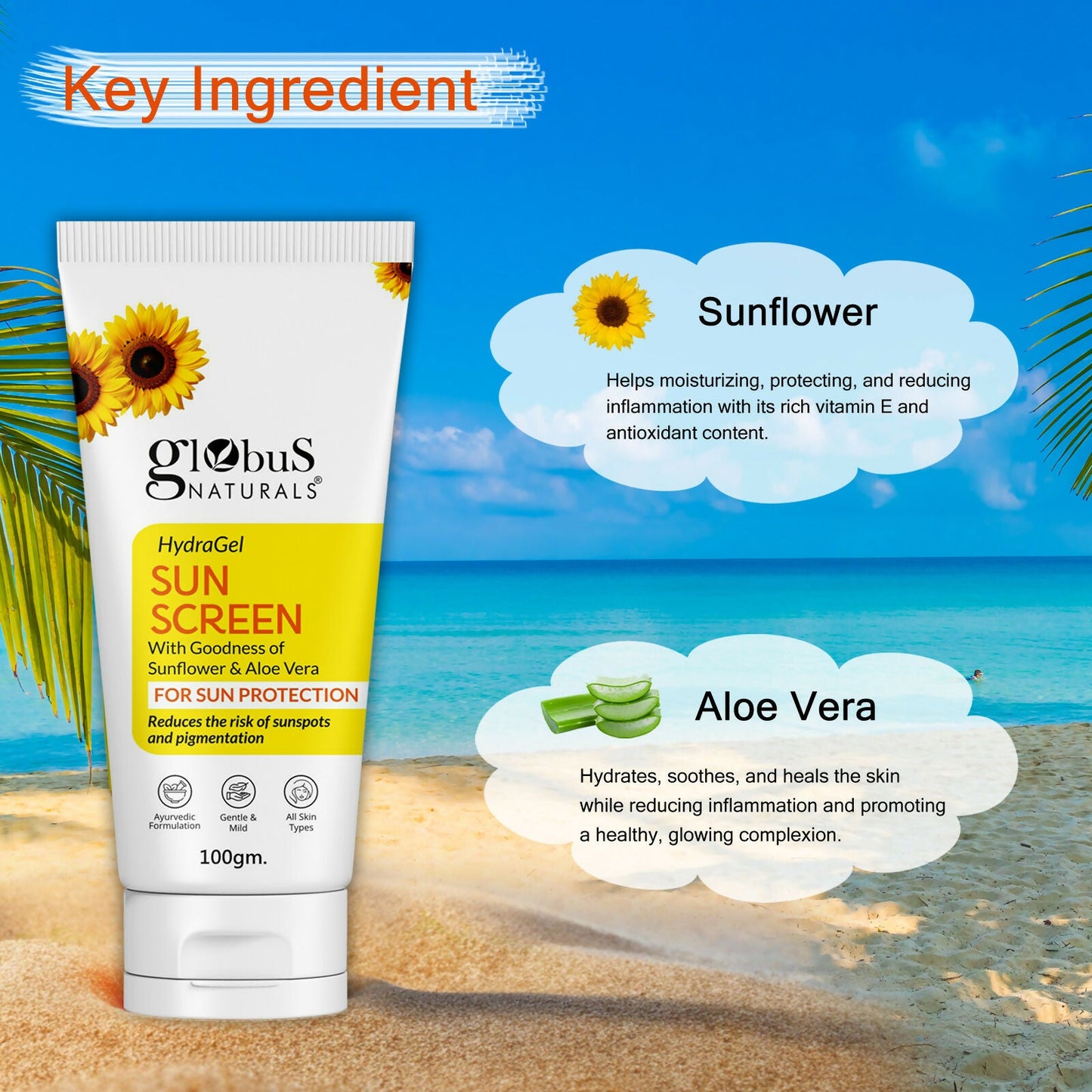 Globus Naturals Hydra Gel Sunscreen With Goodness of Sunflower & AloeVera For Sun Protection All Skin Types | Swadesiicart