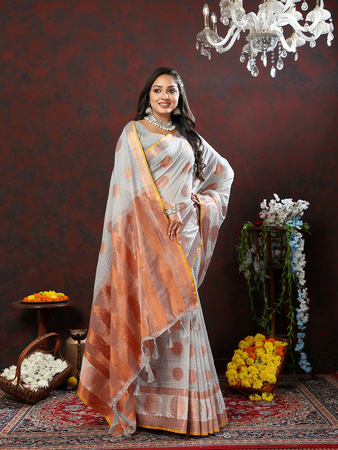 Lorenvalley Fashion Grey Cotton with Woven Design Zari Weaving Saree - Swadesiicart