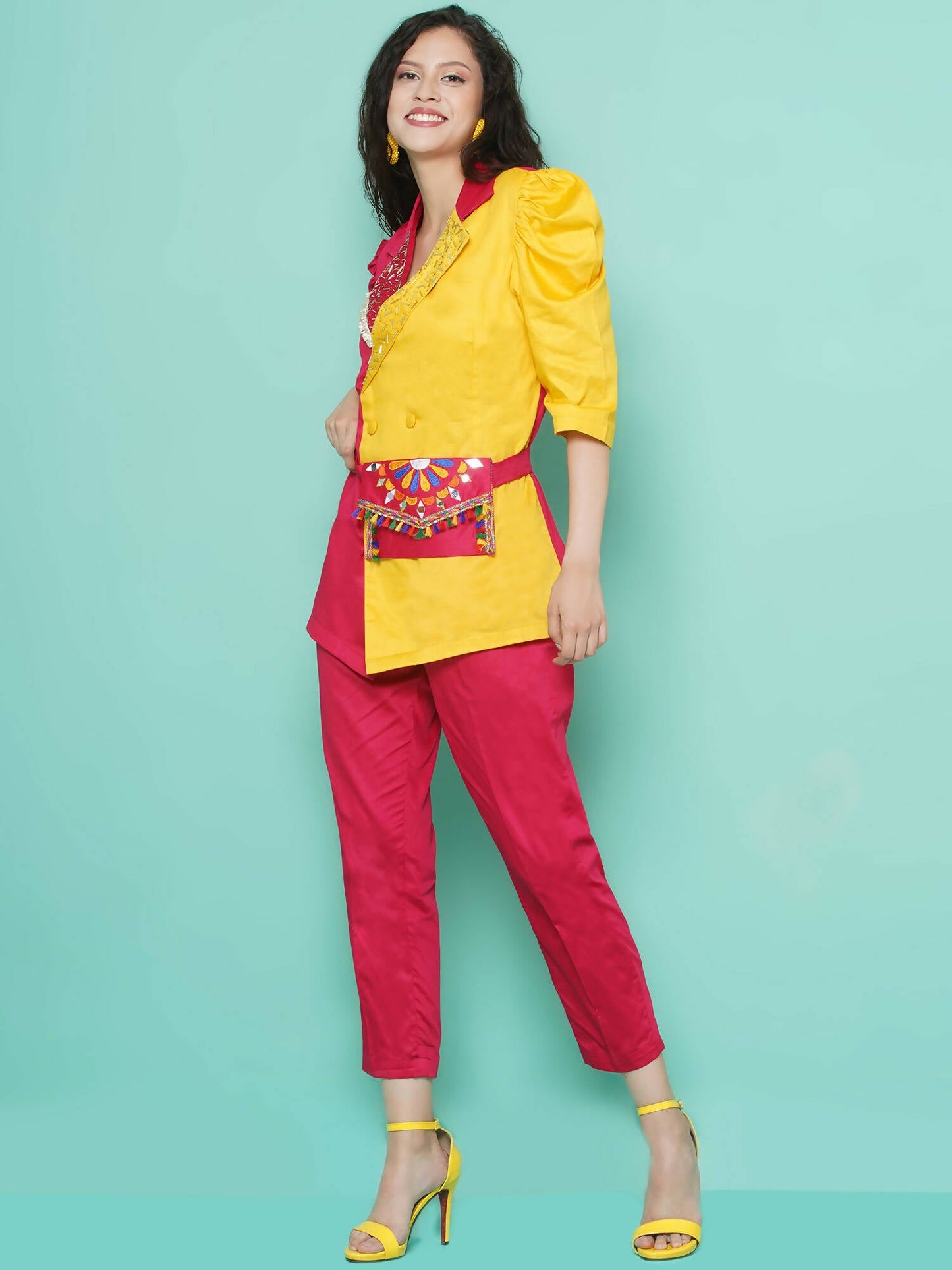 Women Republic Pink And Yellow Cotton Silk hand Embellished Coord set with Pouch | Swadesiicart