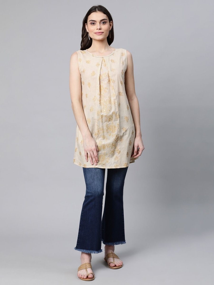 Ahalyaa Women Beige Pure Cotton Floral Printed Tunic | Swadesiicart