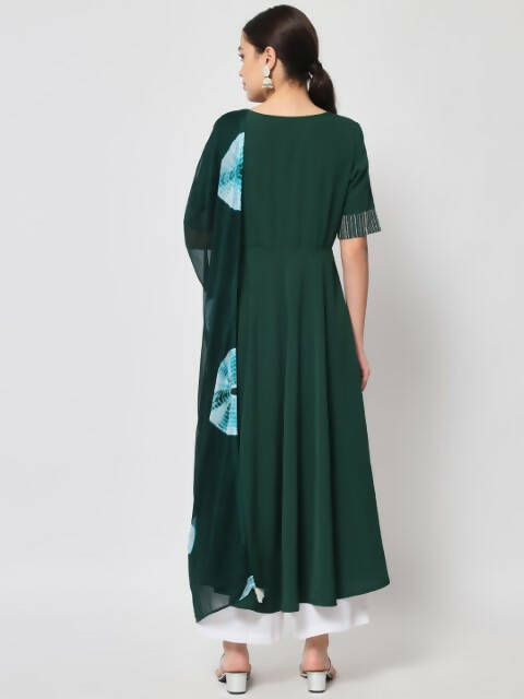 FIORRA Women's Bottle Green Poly Crepe Flared Kurta With Dupatta - Swadesiicart