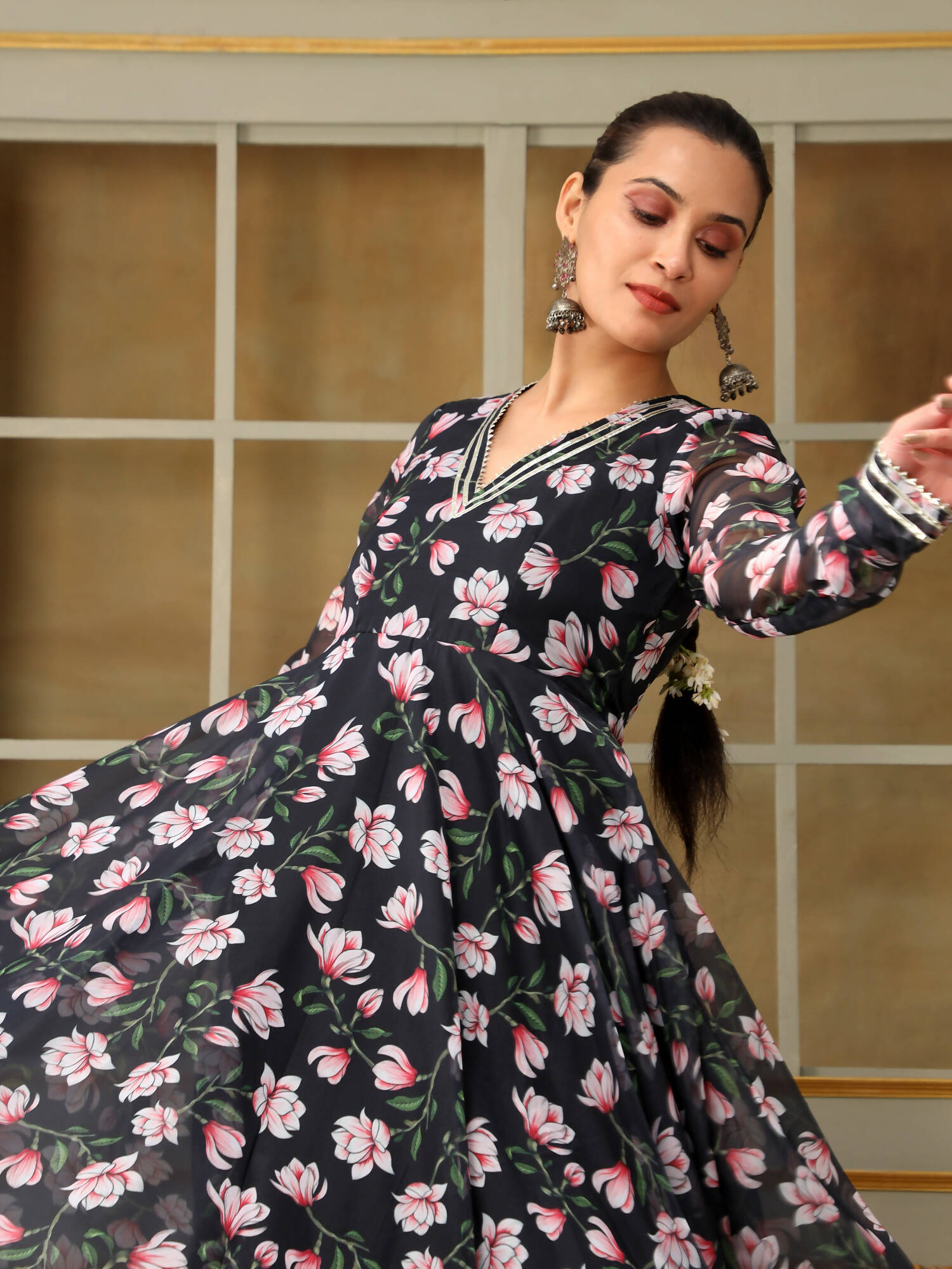 Pomcha Jaipur Black Saadgi Pink Lotus Anarkali Set | Swadesiicart