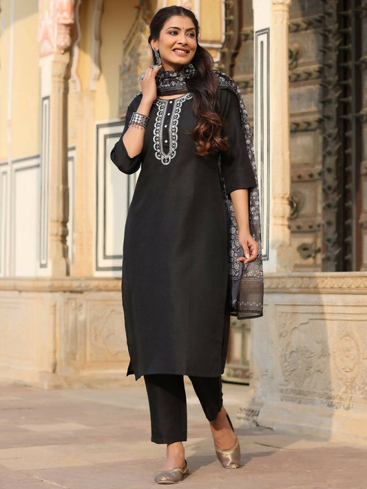 Juniper Women's Black Silk Solid Embroidered Kurta Set | Swadesiicart