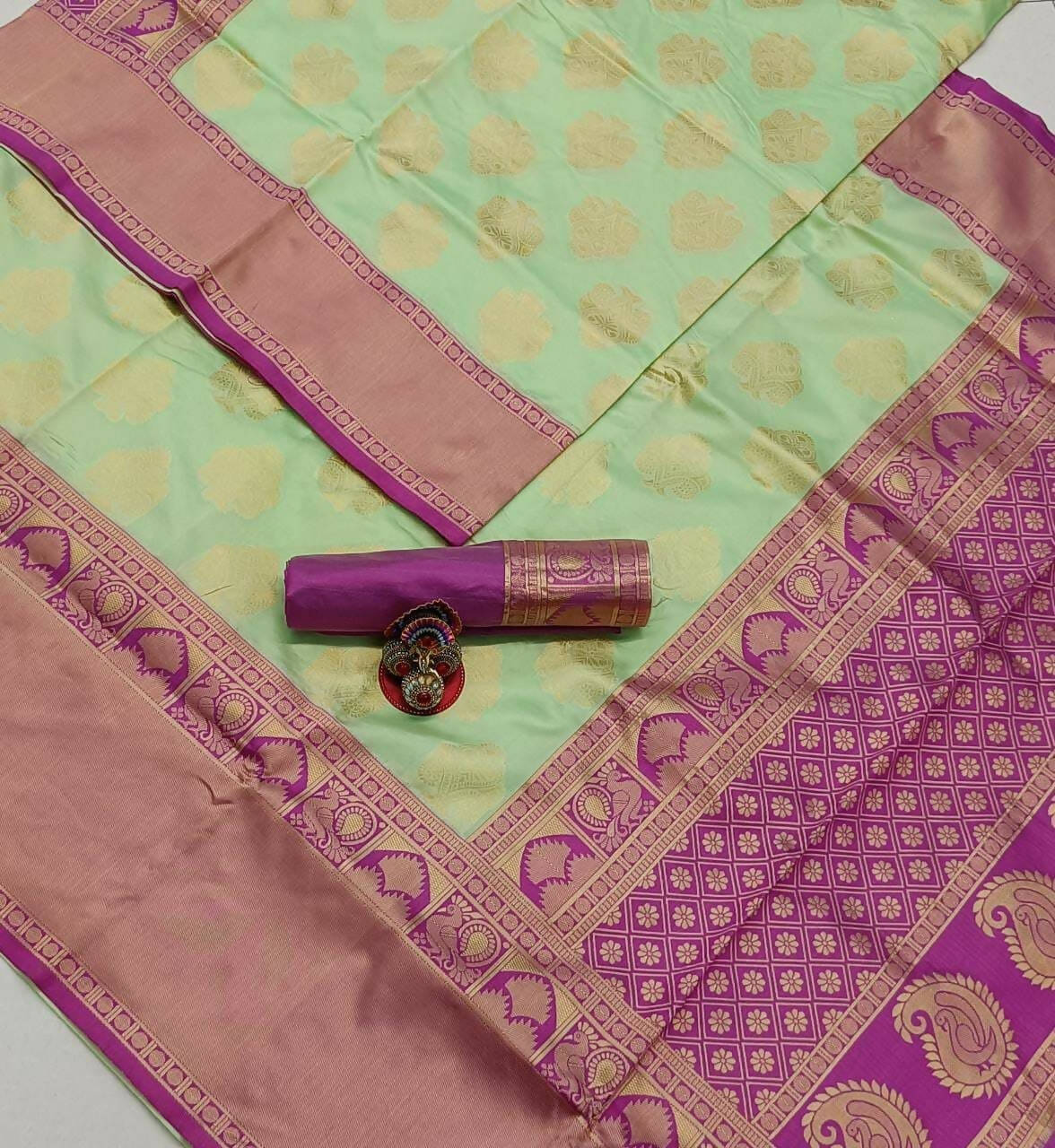 DEIANA'S Beautiful Designer Golden zari Soft Lichi Silk Saree - Pista - Swadesiicart