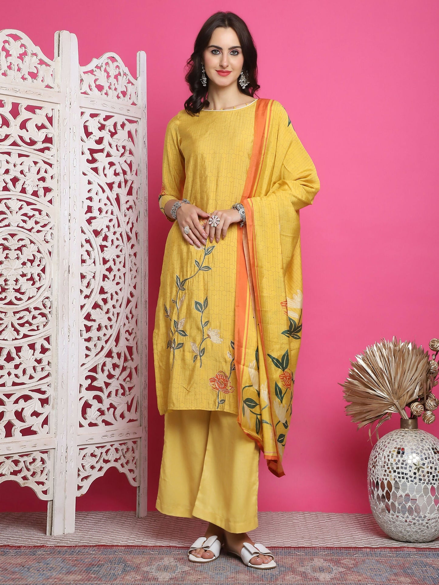 Jyoti Fashion Women's Yellow Muslin Floral Print with Jari & Crystal work Kurta with Trouser & Dupatta | Swadesiicart