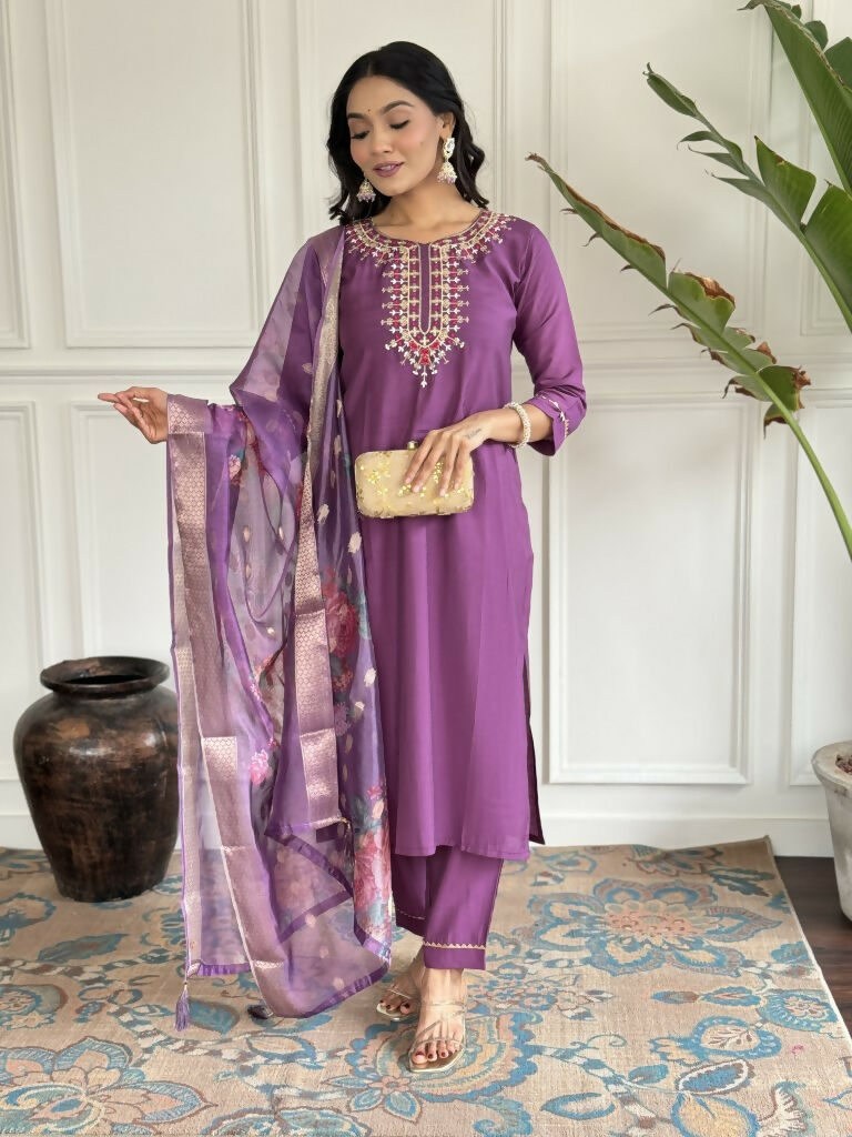 Purple Viscose chanderi Stitched Suit With Dupatta - Tanisha | Swadesiicart