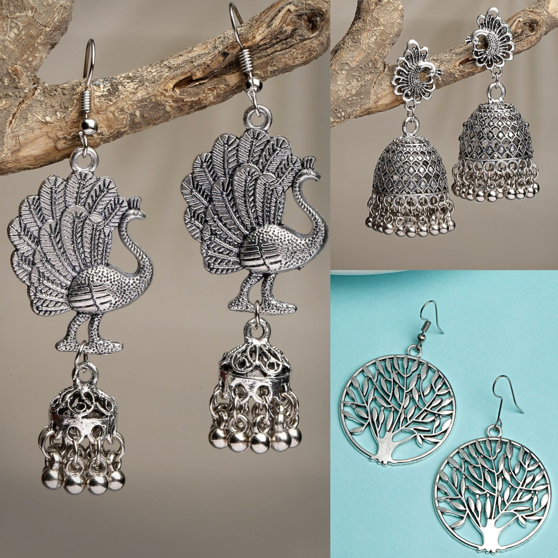 NVR Women's Set of 3 Silver-Toned German Silver Oxidised Dome Shaped Jhumka Earrings | Swadesiicart