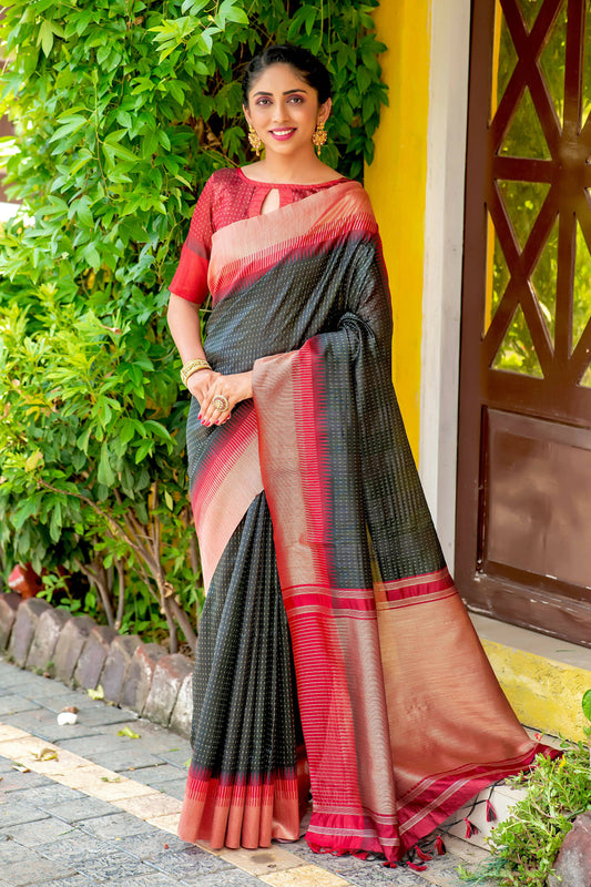 Vishnu Weaves Women's Black South Silk Zari Woven Saree with Unstitched Blouse - Swadesiicart