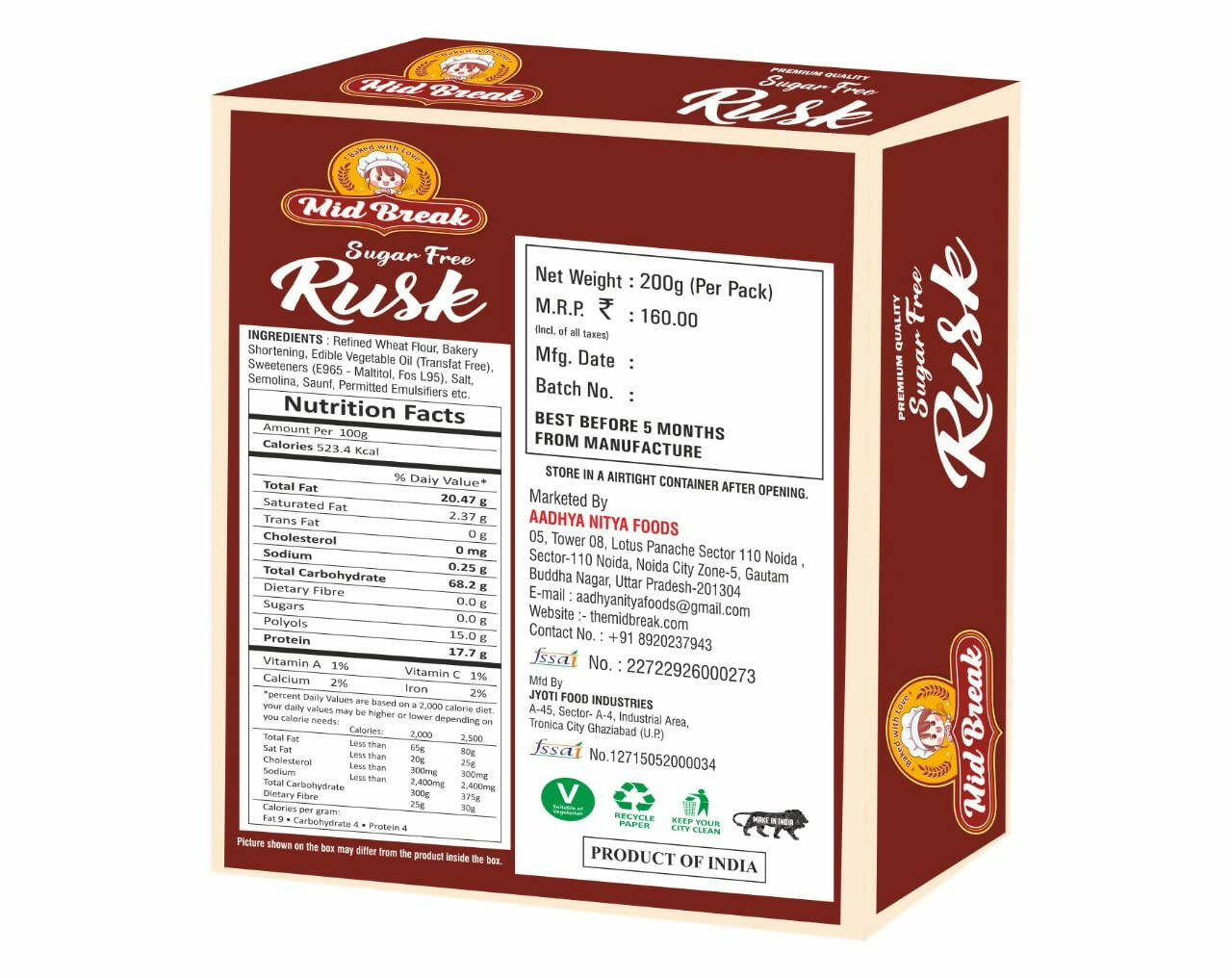 Mid Break Sugar Free Rusk - Swadesiicart
