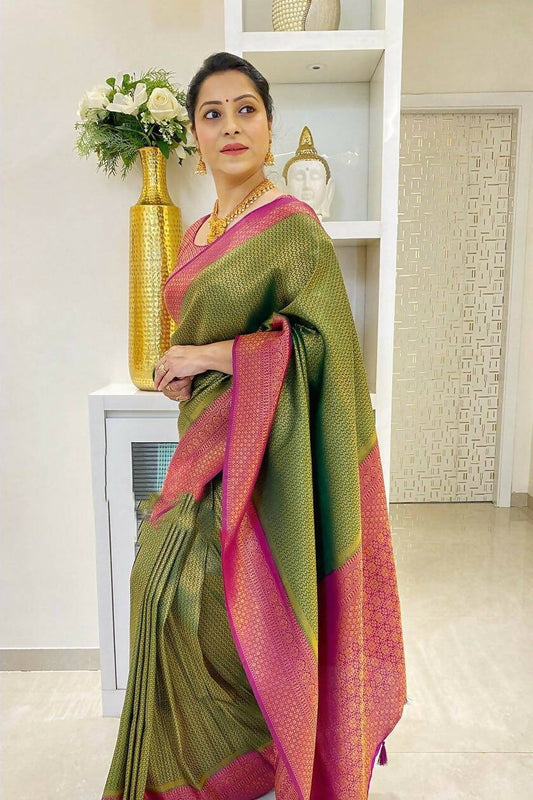 DEIANA'S Beautiful Designer Golden zari Soft Lichi Silk Saree - Mehndi - Swadesiicart
