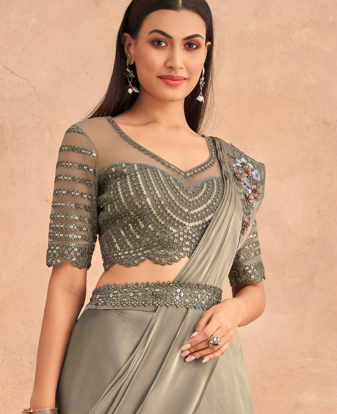 Green Satin Embroidered Ready To Wear Saree With Unstitched Blouse Piece - Nandika | Swadesiicart