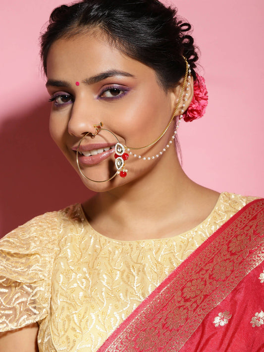 Gold-Pleated Red White Kundan Studded Beaded Nosepin - Ruby Raang | Swadesiicart