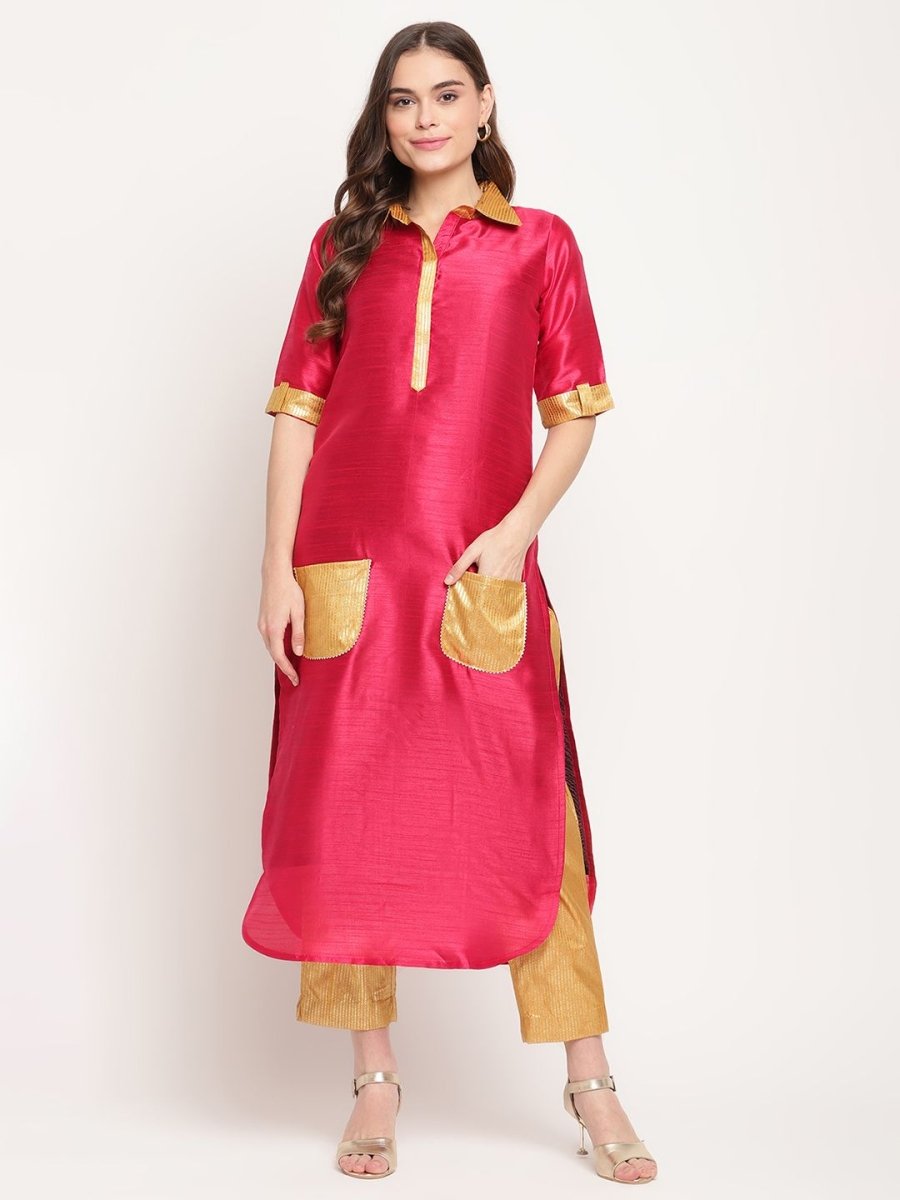 Ahalyaa Women's Dark Pink Poly Silk Kurta Trouser Set | Swadesiicart
