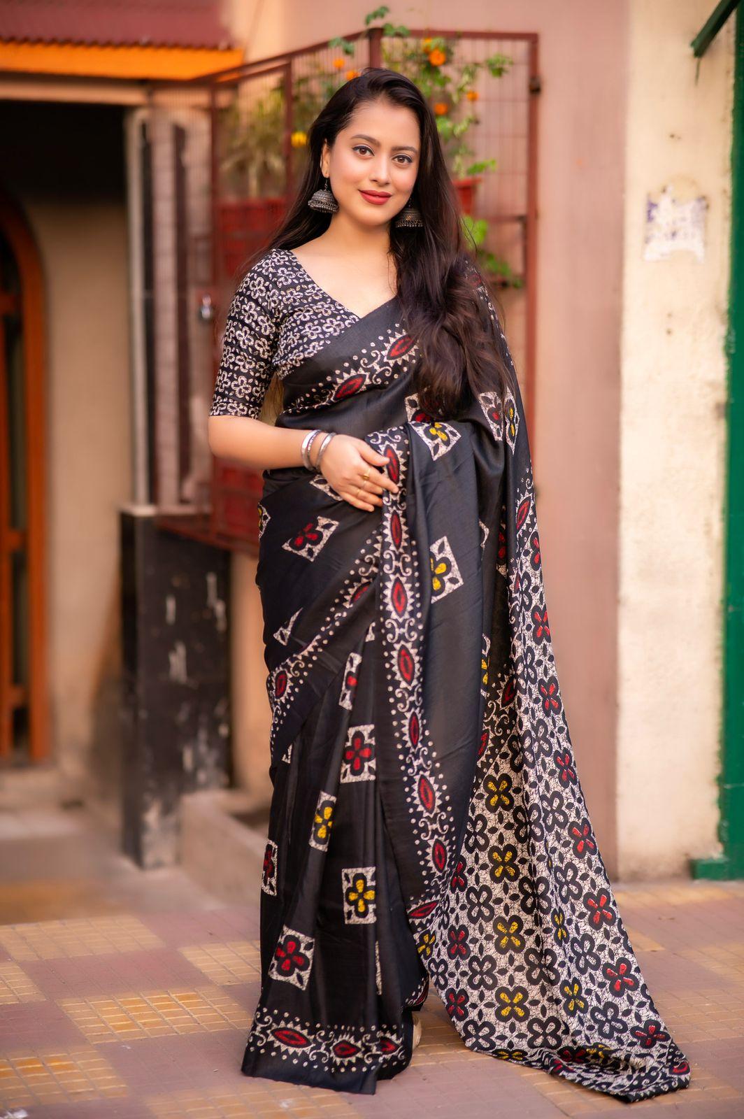 Black Silk Blend Ethnic Motifs Saree with Unstitched Blouse - Hiral Fashion