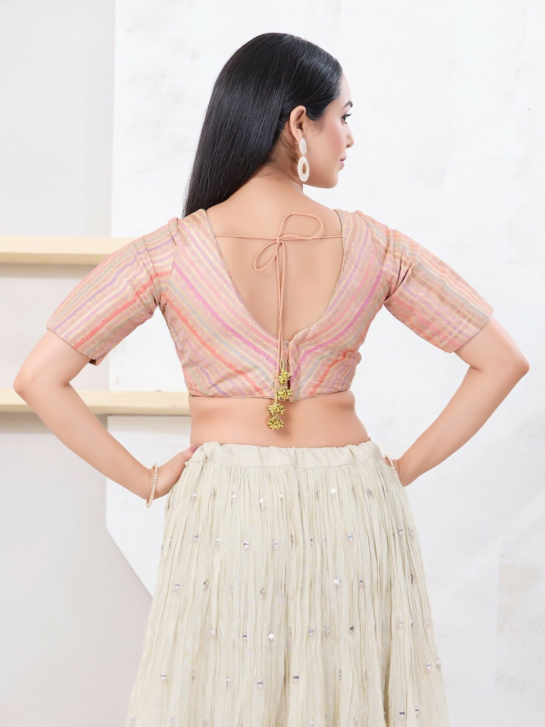 Joban Fashion Peach Jacquard Elbow Sleeveless Back Open Blouse - Swadesiicart