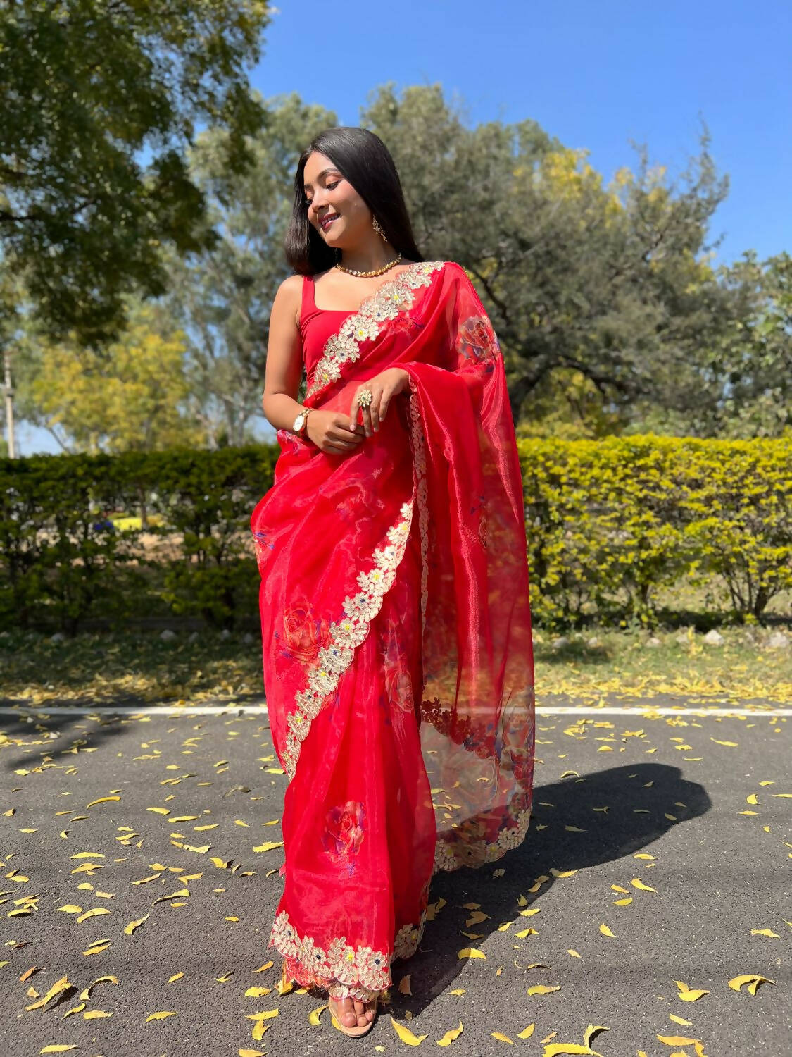 Vamsee Red Organza Saree - Swadesiicart