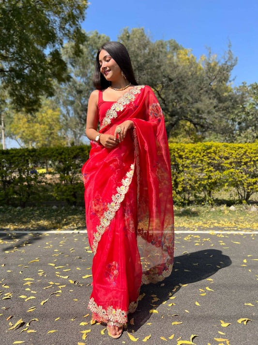 Vamsee Red Organza Saree - Swadesiicart