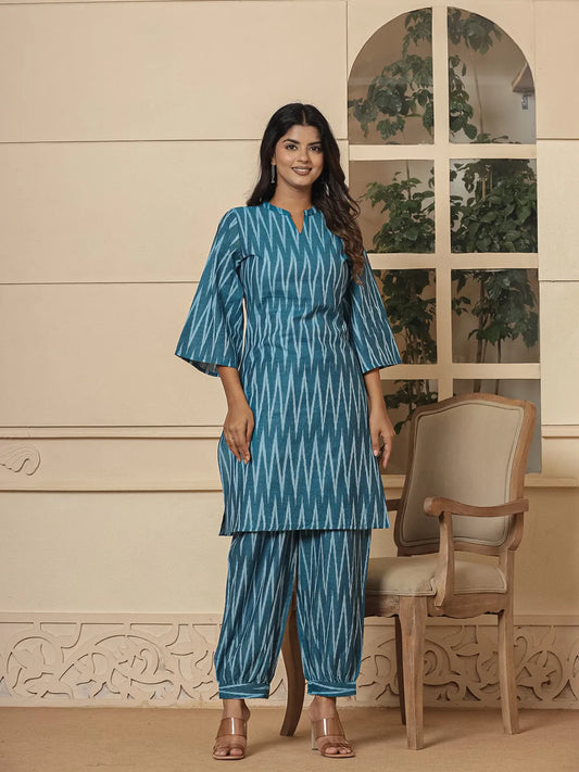 Yufta Teal Blue Cotton Ikat Co-Ord Set - Swadesiicart