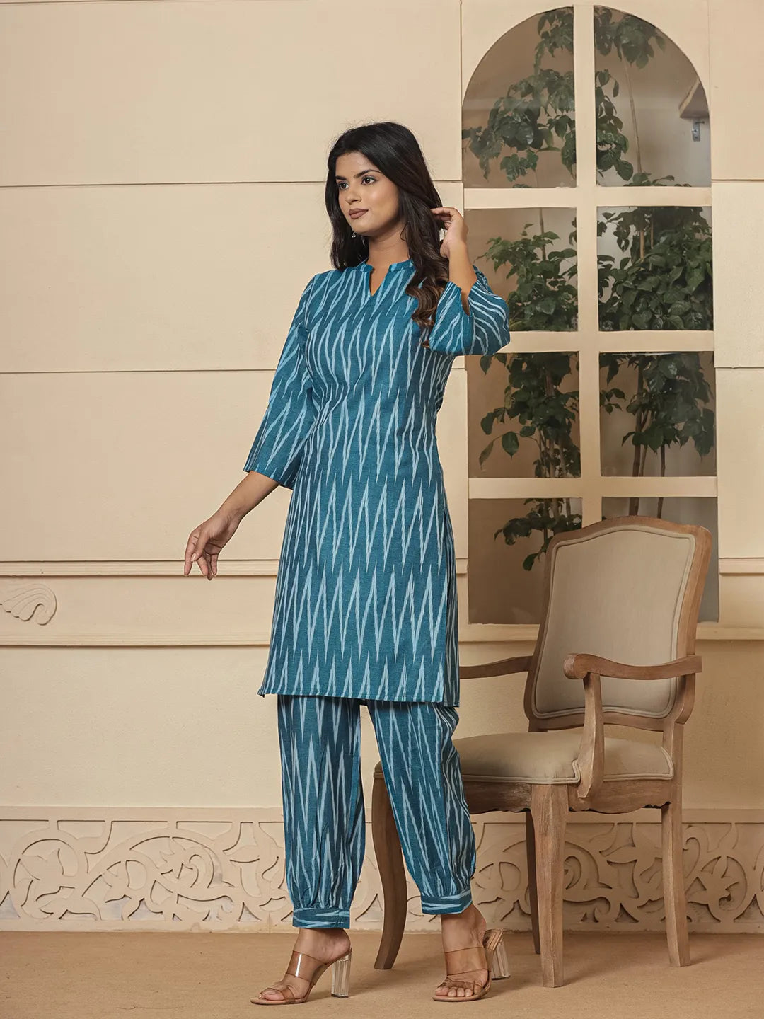 Yufta Teal Blue Cotton Ikat Co-Ord Set - Swadesiicart