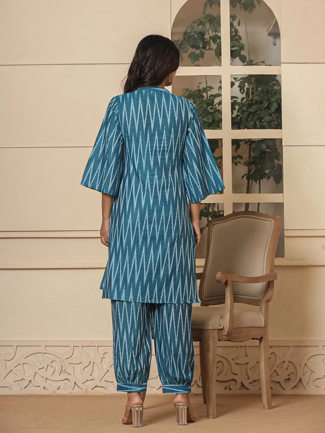 Yufta Teal Blue Cotton Ikat Co-Ord Set - Swadesiicart