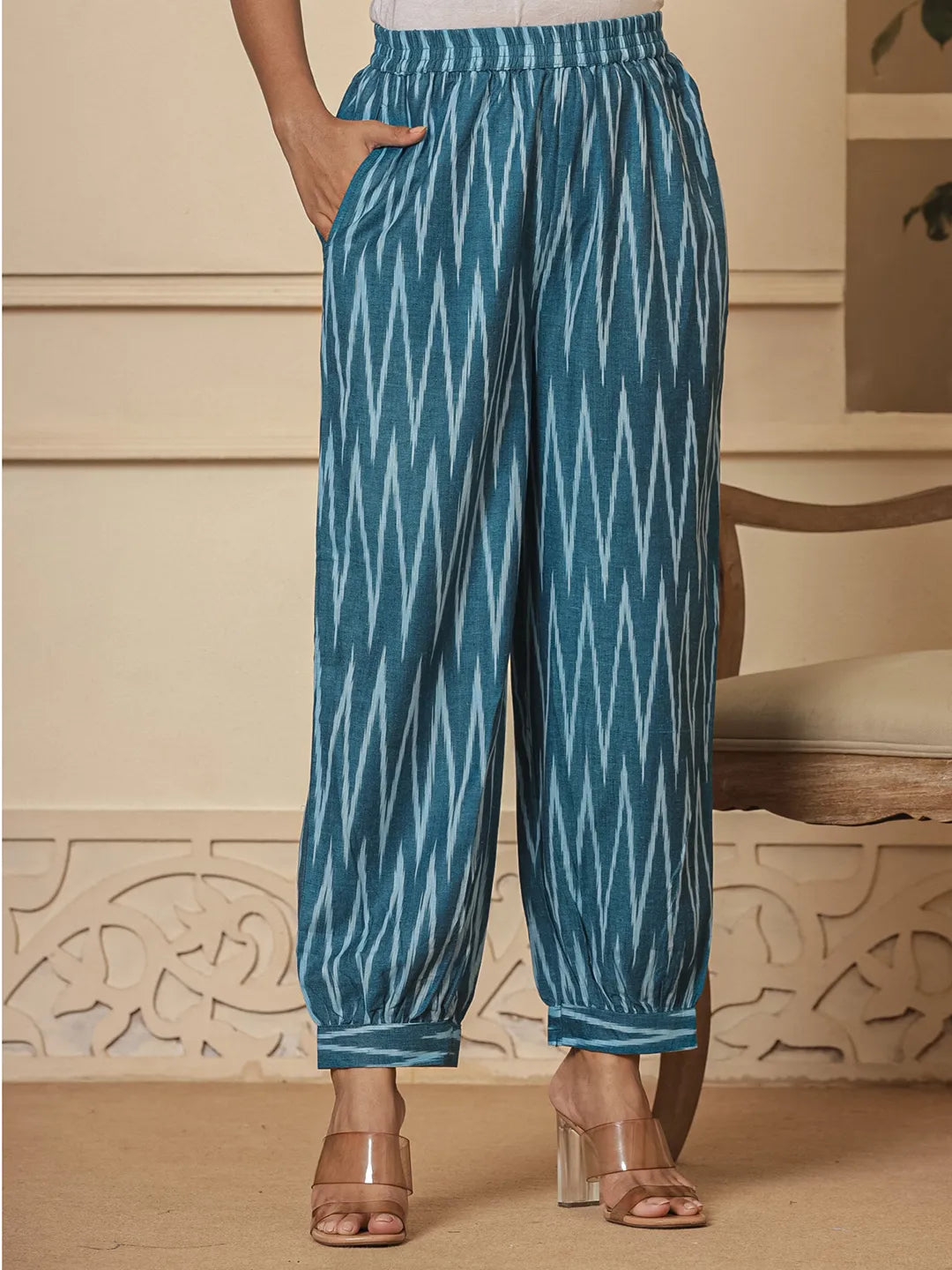 Yufta Teal Blue Cotton Ikat Co-Ord Set - Swadesiicart