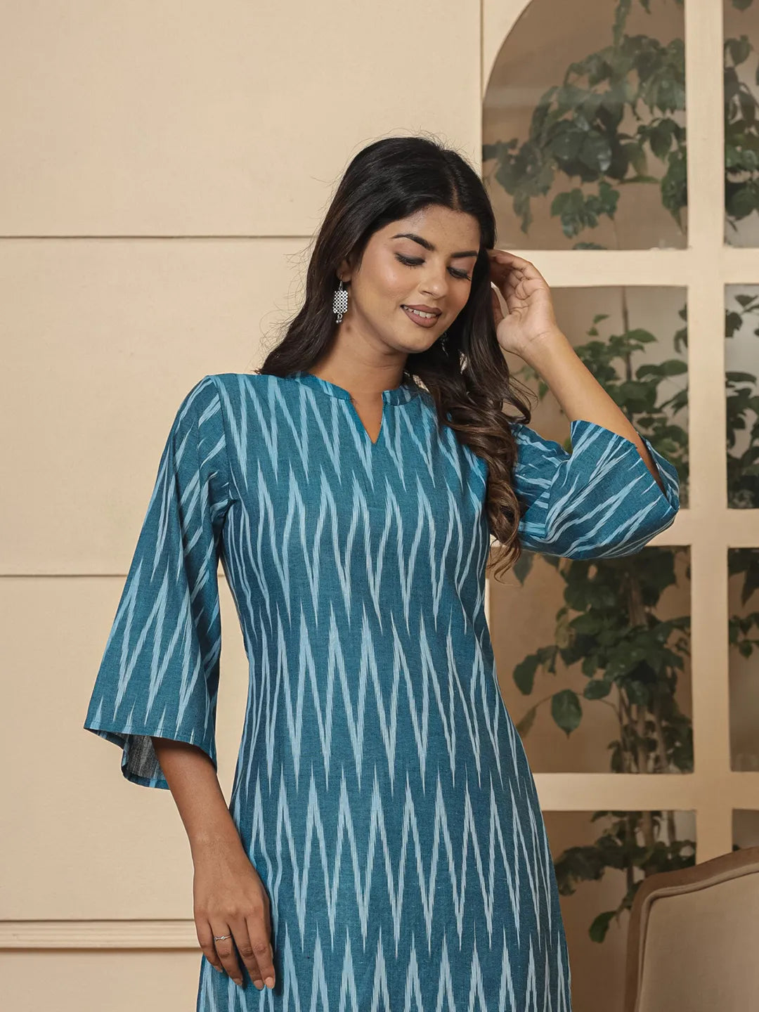 Yufta Teal Blue Cotton Ikat Co-Ord Set - Swadesiicart
