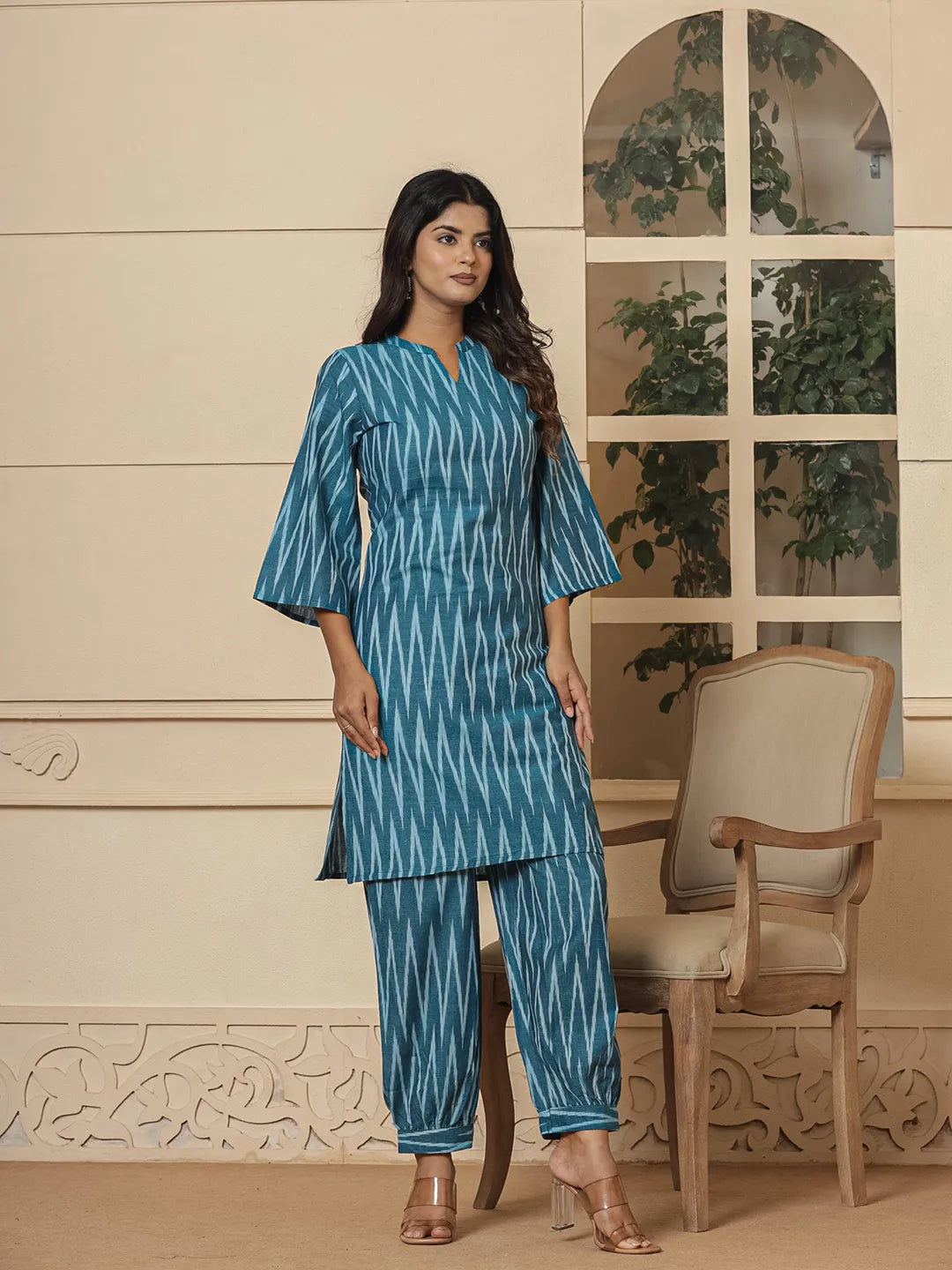 Yufta Teal Blue Cotton Ikat Co-Ord Set - Swadesiicart