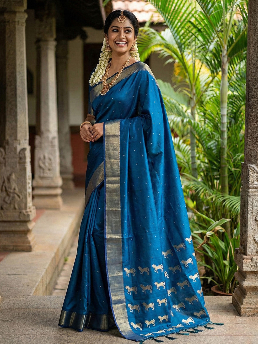 Anaita Teal Silk Saree With Blouse Piece