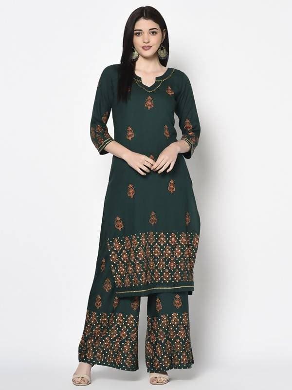 Aniyah Rayon Bottle Green Block Print Straight Kurta (AN-218K) - Swadesiicart