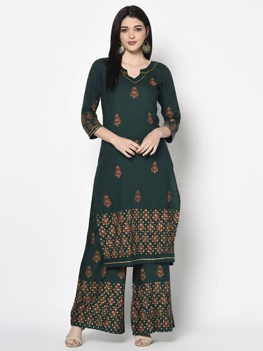 Aniyah Rayon Bottle Green Block Print Straight Kurta (AN-218K) - Swadesiicart